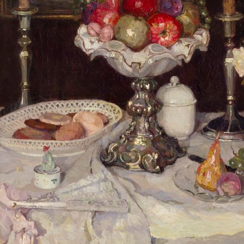 fig 3. A framed oil painting featuring a tabletop still life arrangement of fruit, candlesticks, pastries, and glassware against a dark backdrop.