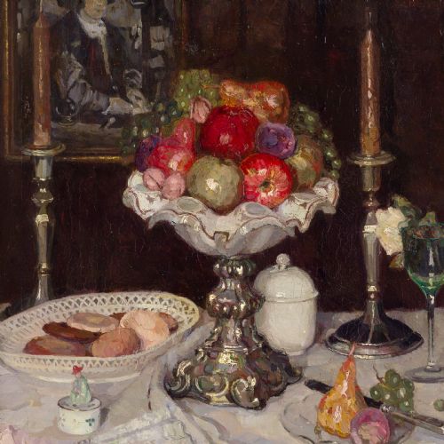fig 4. A framed oil painting featuring a tabletop still life arrangement of fruit, candlesticks, pastries, and glassware against a dark backdrop.