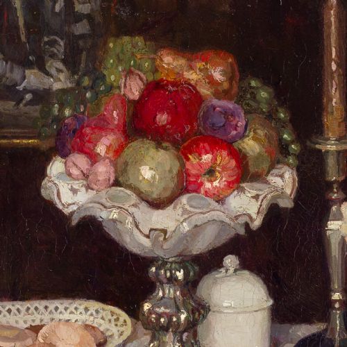 fig 5. A framed oil painting featuring a tabletop still life arrangement of fruit, candlesticks, pastries, and glassware against a dark backdrop.