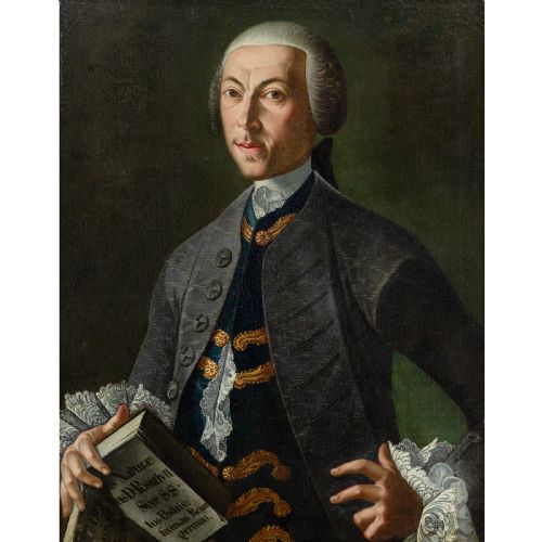fig 1. An 18th-century oil portrait of a scholar wearing a wig, grey coat, and lace cuffs, holding a Latin text book set within a dark wooden frame.