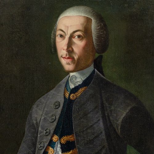 fig 2. An 18th-century oil portrait of a scholar wearing a wig, grey coat, and lace cuffs, holding a Latin text book set within a dark wooden frame.