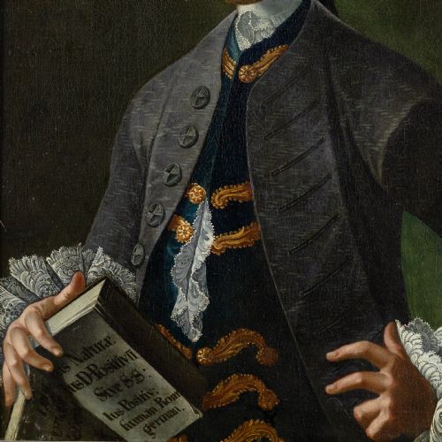 fig 3. An 18th-century oil portrait of a scholar wearing a wig, grey coat, and lace cuffs, holding a Latin text book set within a dark wooden frame.