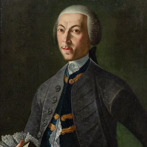 fig 4. An 18th-century oil portrait of a scholar wearing a wig, grey coat, and lace cuffs, holding a Latin text book set within a dark wooden frame.