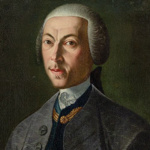 fig 5. An 18th-century oil portrait of a scholar wearing a wig, grey coat, and lace cuffs, holding a Latin text book set within a dark wooden frame.