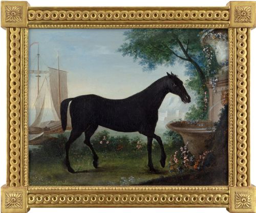Early 19th-century German School, Portrait of a Black Horse in an Arcadian Landscape - Antique Oil Painting