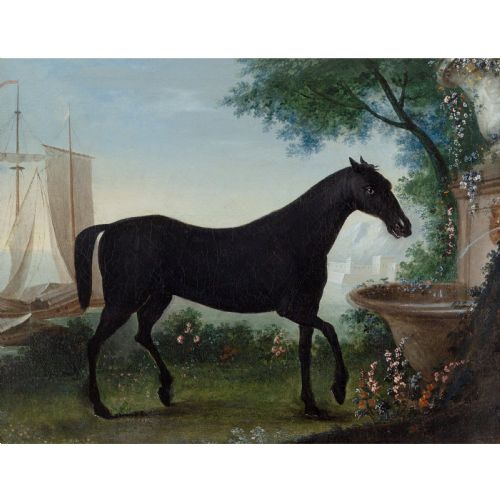 fig 1. Early 19th-Century German School, Portrait Of A Black Horse In An Arcadian Landscape - Antique Oil Painting