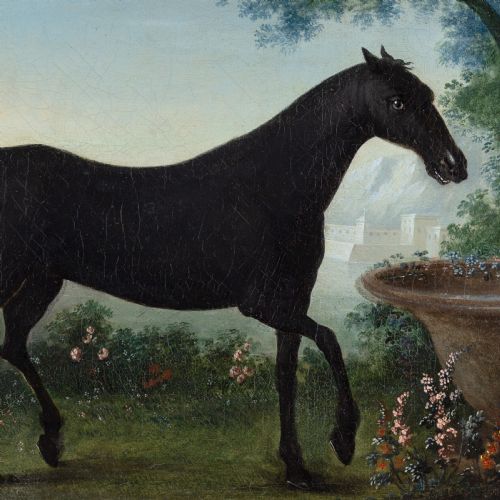 fig 2. Early 19th-Century German School, Portrait Of A Black Horse In An Arcadian Landscape - Antique Oil Painting