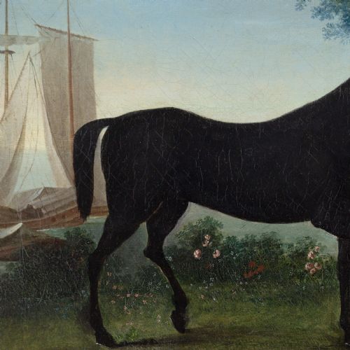 fig 3. Early 19th-Century German School, Portrait Of A Black Horse In An Arcadian Landscape - Antique Oil Painting