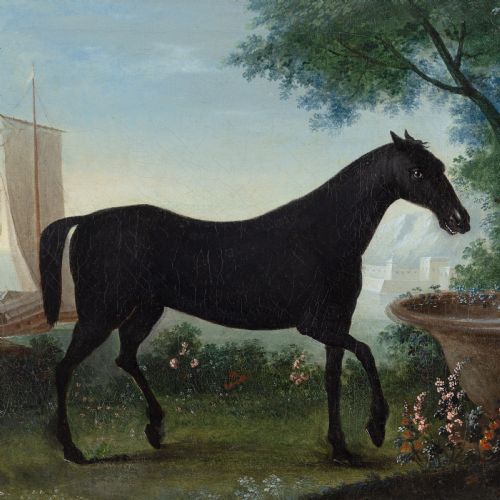 fig 4. Early 19th-Century German School, Portrait Of A Black Horse In An Arcadian Landscape - Antique Oil Painting