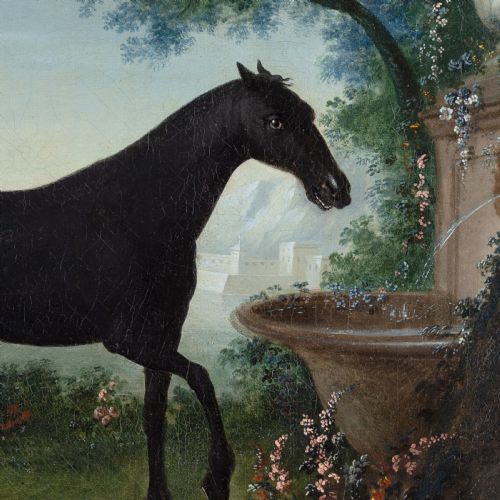 fig 5. Early 19th-Century German School, Portrait Of A Black Horse In An Arcadian Landscape - Antique Oil Painting
