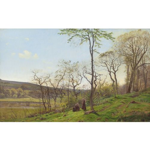 fig 1. A nineteenth-century Danish landscape oil painting depicting bare spring trees and green hills in Jutland, framed in an ornate gilded picture frame.