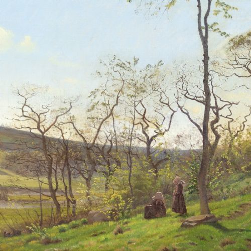 fig 2. A nineteenth-century Danish landscape oil painting depicting bare spring trees and green hills in Jutland, framed in an ornate gilded picture frame.