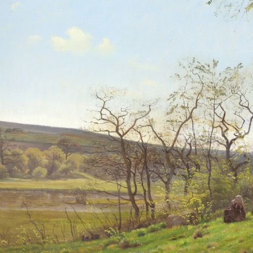 fig 3. A nineteenth-century Danish landscape oil painting depicting bare spring trees and green hills in Jutland, framed in an ornate gilded picture frame.