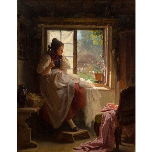 fig 1. An antique oil painting in a carved gilt frame depicting a young woman in regional attire seated by an open window sewing fabric.