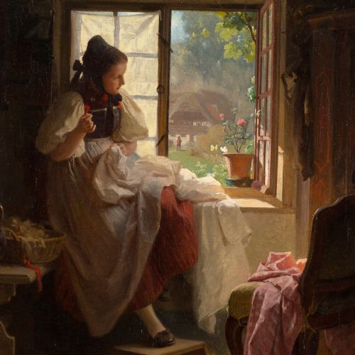 fig 2. An antique oil painting in a carved gilt frame depicting a young woman in regional attire seated by an open window sewing fabric.