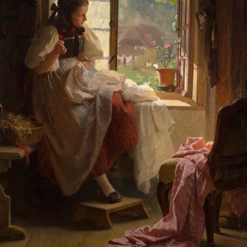 fig 3. An antique oil painting in a carved gilt frame depicting a young woman in regional attire seated by an open window sewing fabric.
