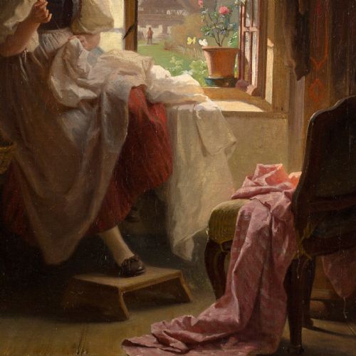fig 4. An antique oil painting in a carved gilt frame depicting a young woman in regional attire seated by an open window sewing fabric.