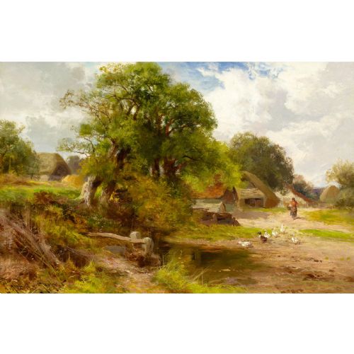 fig 1. An antique Victorian landscape oil painting depicting a rural Sussex countryside scene with cottages and ducks, set within an ornate gilded frame.