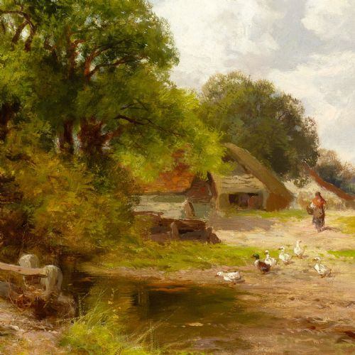 fig 2. An antique Victorian landscape oil painting depicting a rural Sussex countryside scene with cottages and ducks, set within an ornate gilded frame.