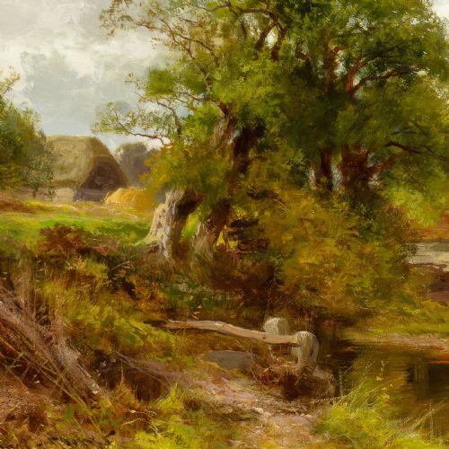 fig 3. An antique Victorian landscape oil painting depicting a rural Sussex countryside scene with cottages and ducks, set within an ornate gilded frame.