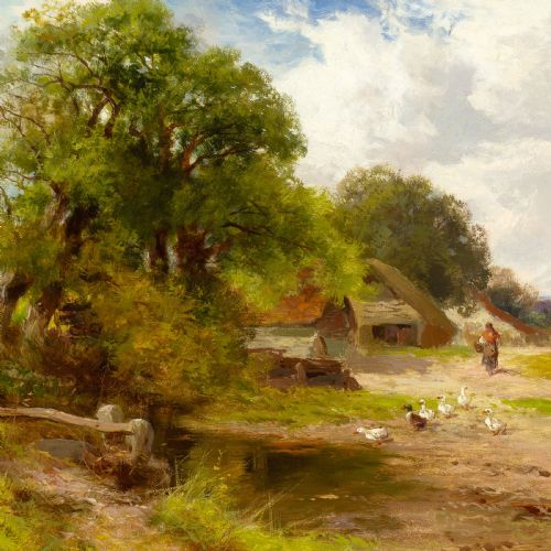 fig 4. An antique Victorian landscape oil painting depicting a rural Sussex countryside scene with cottages and ducks, set within an ornate gilded frame.