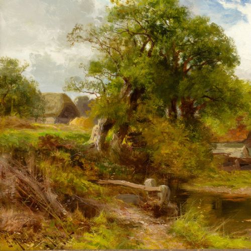fig 5. An antique Victorian landscape oil painting depicting a rural Sussex countryside scene with cottages and ducks, set within an ornate gilded frame.