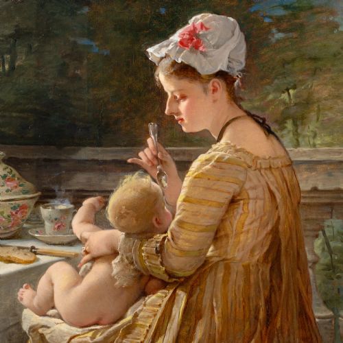 fig 1. A 19th-century oil painting depicting a woman seated on a terrace feeding an infant child, enclosed in an ornate gilded frame.