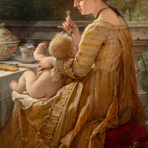 fig 2. A 19th-century oil painting depicting a woman seated on a terrace feeding an infant child, enclosed in an ornate gilded frame.
