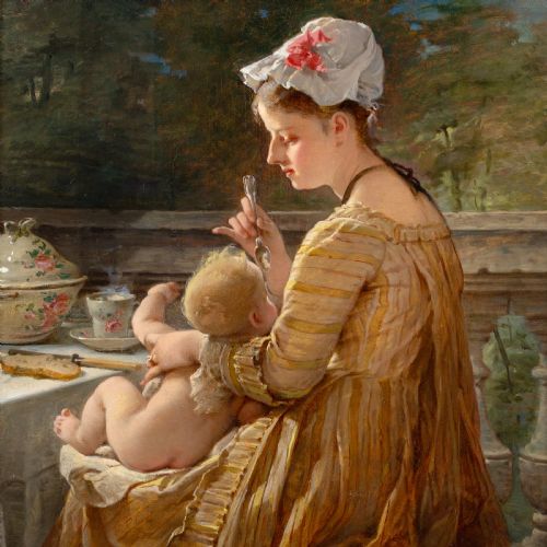 fig 3. A 19th-century oil painting depicting a woman seated on a terrace feeding an infant child, enclosed in an ornate gilded frame.
