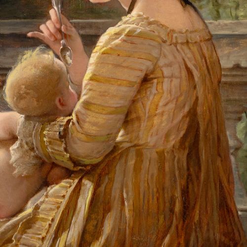 fig 4. A 19th-century oil painting depicting a woman seated on a terrace feeding an infant child, enclosed in an ornate gilded frame.