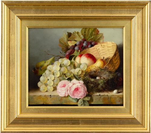 Edward Ladell, Still Life with Fruit, Wicker Basket & Bird's Nest - Antique Oil Painting