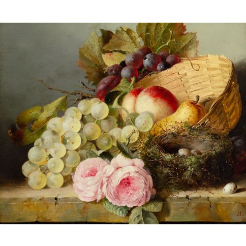 fig 1. A Victorian still life oil painting depicting grapes, peaches, roses, and a birds nest in a gilded frame.