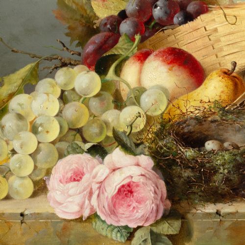 fig 2. A Victorian still life oil painting depicting grapes, peaches, roses, and a birds nest in a gilded frame.