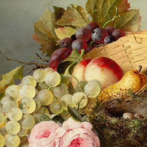 fig 3. A Victorian still life oil painting depicting grapes, peaches, roses, and a birds nest in a gilded frame.