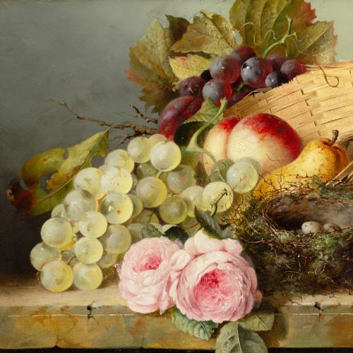 fig 4. A Victorian still life oil painting depicting grapes, peaches, roses, and a birds nest in a gilded frame.