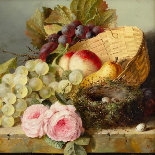 fig 5. A Victorian still life oil painting depicting grapes, peaches, roses, and a birds nest in a gilded frame.