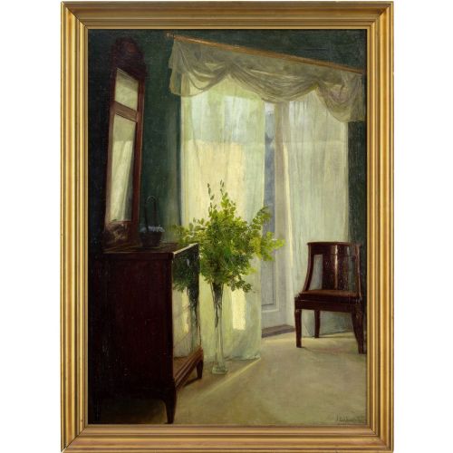 John Lübschitz, Interior with Sunlight Through a Garden Door - Antique Oil Painting
