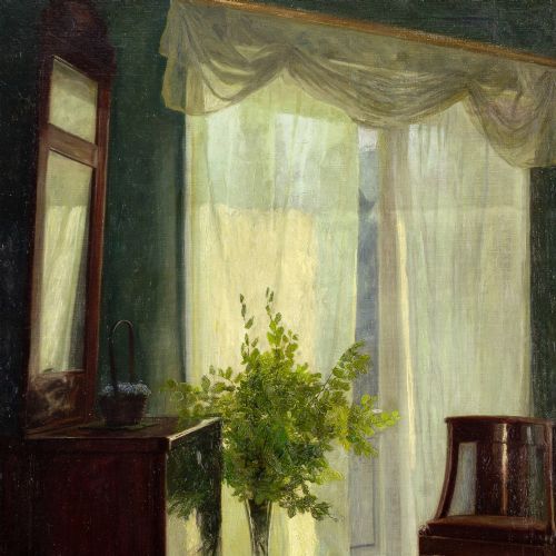fig 3. An antique oil painting in a gilded frame depicting a sunlit domestic interior with green walls, mahogany furniture, a vase of foliage, and draped sheer curtains.