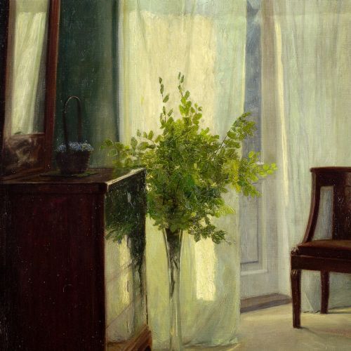 fig 4. An antique oil painting in a gilded frame depicting a sunlit domestic interior with green walls, mahogany furniture, a vase of foliage, and draped sheer curtains.