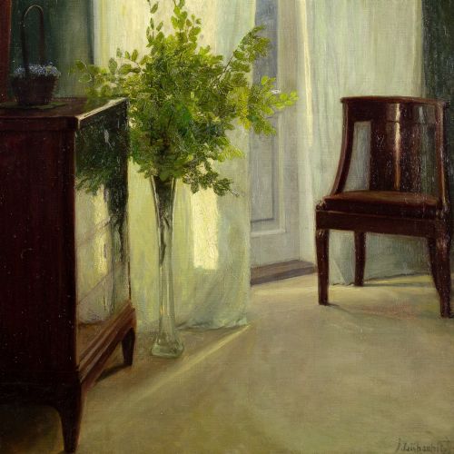 fig 5. An antique oil painting in a gilded frame depicting a sunlit domestic interior with green walls, mahogany furniture, a vase of foliage, and draped sheer curtains.