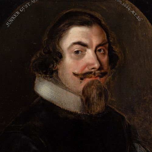 fig 2. A 17th-century oil portrait depicting a gentleman with a pointed beard and white collar set within a painted oval spandrel and dark wooden frame.