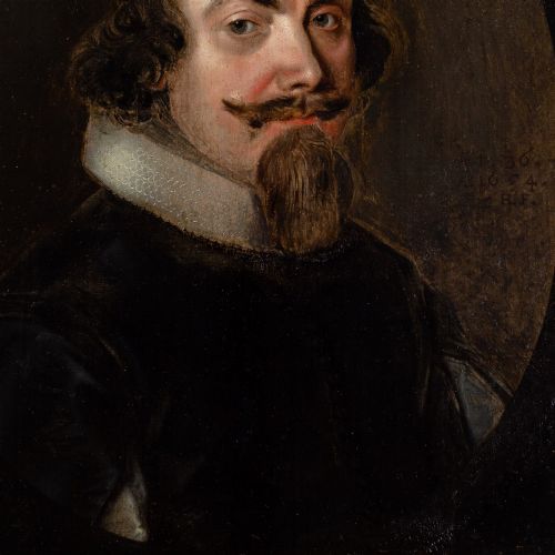 fig 3. A 17th-century oil portrait depicting a gentleman with a pointed beard and white collar set within a painted oval spandrel and dark wooden frame.
