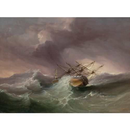 fig 1. James George Philp RI ROI, H.M.S. Andromeda In The Bay Of Biscay - Antique Oil Painting