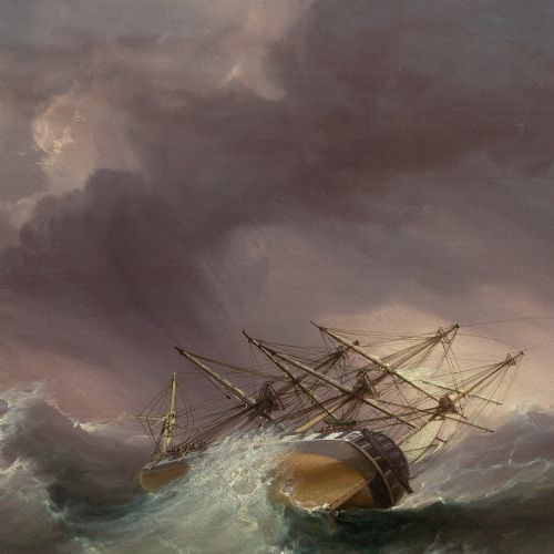 fig 5. James George Philp RI ROI, H.M.S. Andromeda In The Bay Of Biscay - Antique Oil Painting