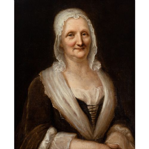 fig 1. An eighteenth-century oil portrait of an elderly woman wearing a lace bonnet and dark gown, set within a black and gilt wooden frame.