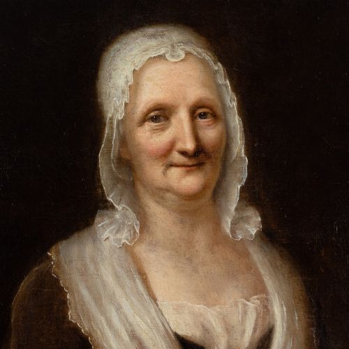 fig 2. An eighteenth-century oil portrait of an elderly woman wearing a lace bonnet and dark gown, set within a black and gilt wooden frame.