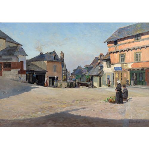 fig 1. An antique oil painting depicting a sunlit French village square with townspeople, stone buildings, and a clear blue sky, housed in a light-coloured wooden frame.