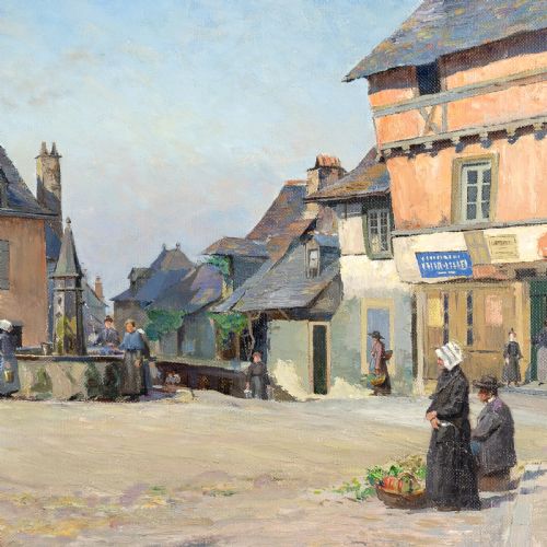 fig 2. An antique oil painting depicting a sunlit French village square with townspeople, stone buildings, and a clear blue sky, housed in a light-coloured wooden frame.