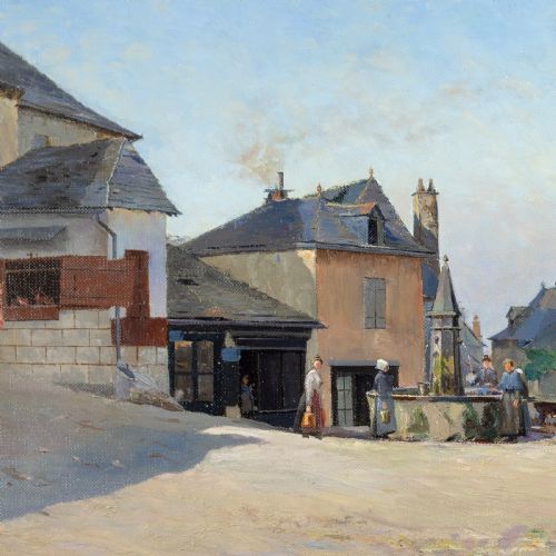 fig 3. An antique oil painting depicting a sunlit French village square with townspeople, stone buildings, and a clear blue sky, housed in a light-coloured wooden frame.