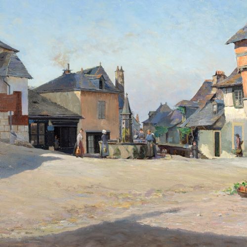 fig 4. An antique oil painting depicting a sunlit French village square with townspeople, stone buildings, and a clear blue sky, housed in a light-coloured wooden frame.